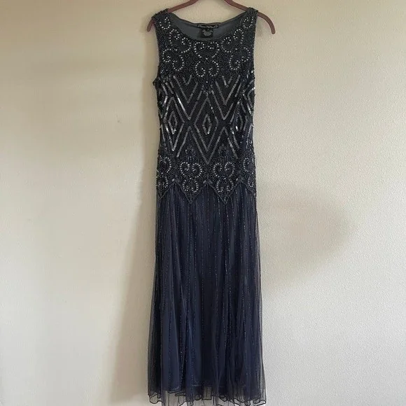 pisarro nights sequin dress Pisarro Nights Beaded Art Deco Flapper Dress, Slate Blue Sequin Cocktail  Gown